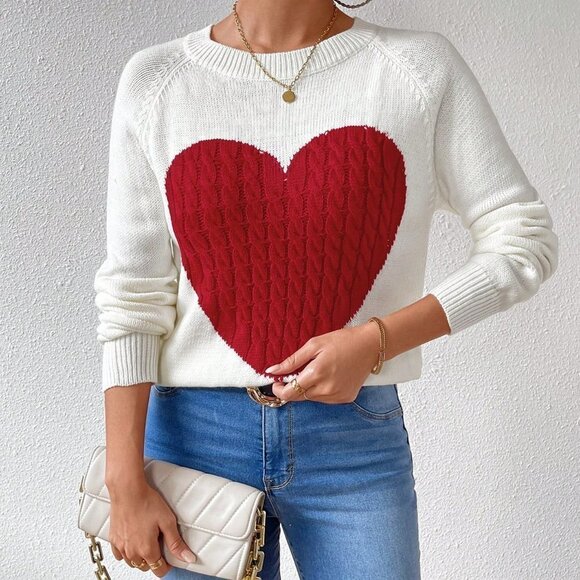 White Casual Womens Women's Heart Patterned Sweater Pullover - Picture 3 of 5